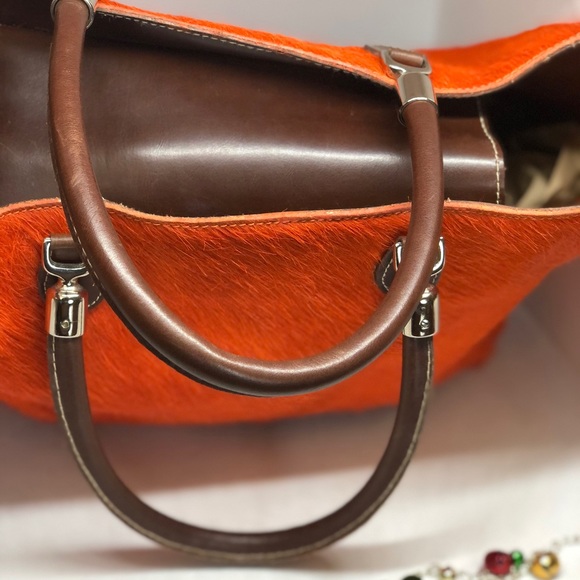 ORANGE ANIMAL SKIN - BROWN LEATHER TOTE - Picture 2 of 8